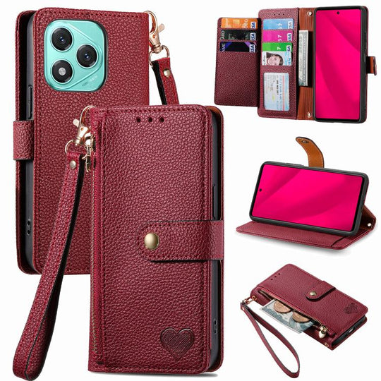 For Honor 400 Lite Global Love Zipper Lanyard Leather Phone Case(Red)