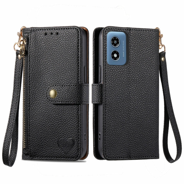 For Motorola Moto G Play 2024 Love Zipper Lanyard Leather Phone Case(Black) by buy2fix