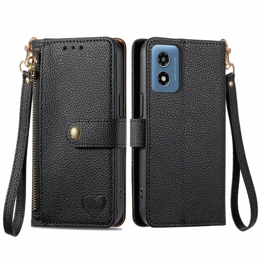 For Motorola Moto G Play 2024 Love Zipper Lanyard Leather Phone Case(Black) by buy2fix