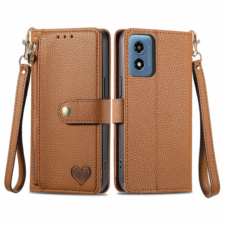 For Motorola Moto G Play 2024 Love Zipper Lanyard Leather Phone Case(Brown) by buy2fix