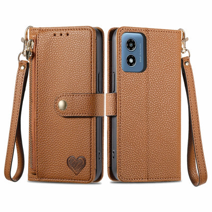 For Motorola Moto G Play 2024 Love Zipper Lanyard Leather Phone Case(Brown) by buy2fix