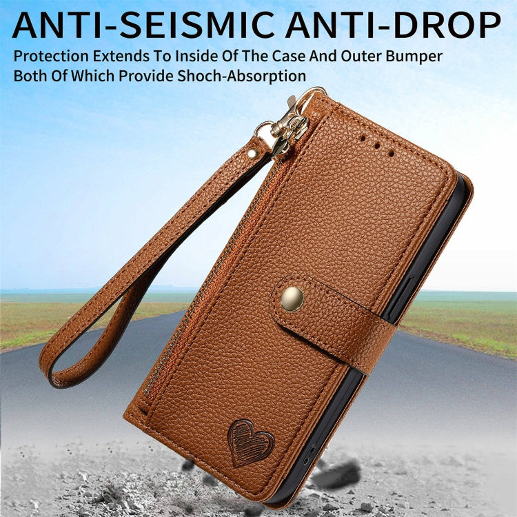 For Motorola Moto G Play 2024 Love Zipper Lanyard Leather Phone Case(Brown) by buy2fix