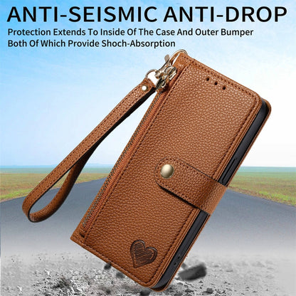 For Motorola Moto G Play 2024 Love Zipper Lanyard Leather Phone Case(Brown) by buy2fix