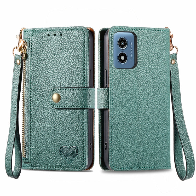 For Motorola Moto G Play 2024 Love Zipper Lanyard Leather Phone Case(Green) by buy2fix