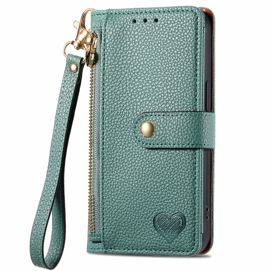 For Motorola Moto G Play 2024 Love Zipper Lanyard Leather Phone Case(Green) by buy2fix