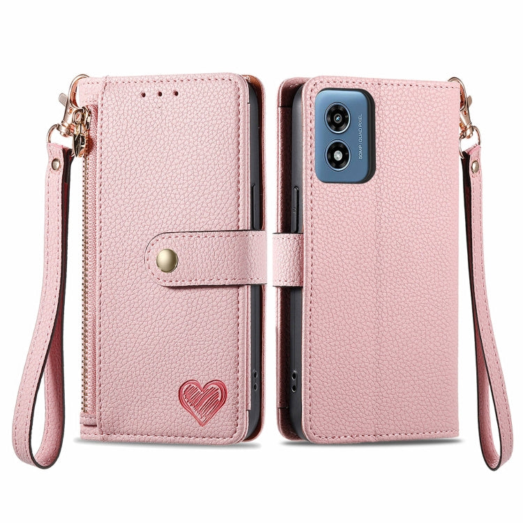 For Motorola Moto G Play 2024 Love Zipper Lanyard Leather Phone Case(Pink) by buy2fix