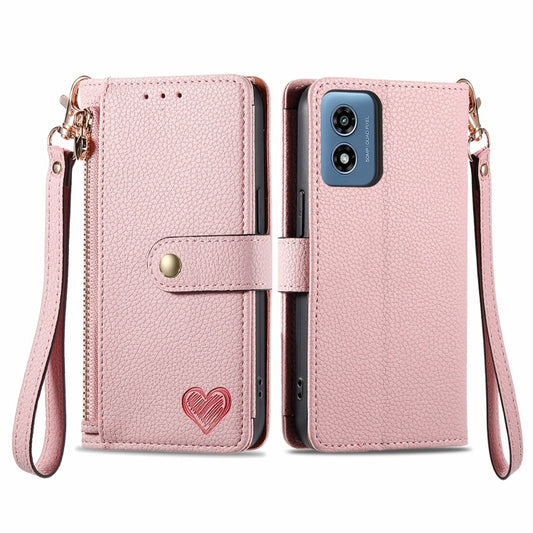 For Motorola Moto G Play 2024 Love Zipper Lanyard Leather Phone Case(Pink) by buy2fix