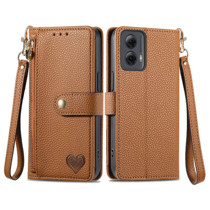 For Motorola Moto G Power 5G 2024 Love Zipper Lanyard Leather Phone Case(Brown) by buy2fix