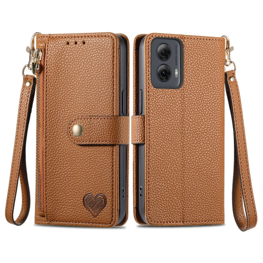 For Motorola Moto G Power 5G 2024 Love Zipper Lanyard Leather Phone Case(Brown) by buy2fix
