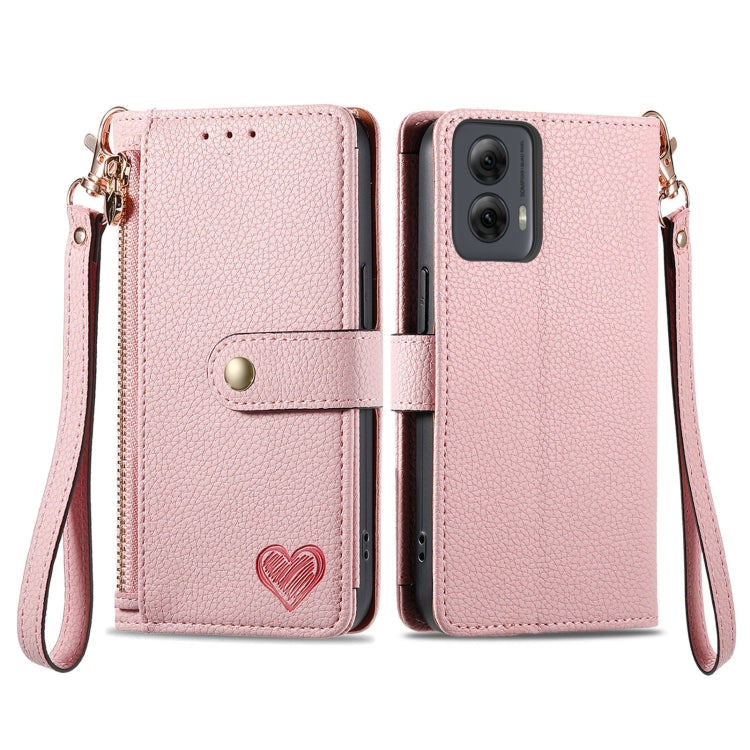 For Motorola Moto G Power 5G 2024 Love Zipper Lanyard Leather Phone Case(Pink) by buy2fix