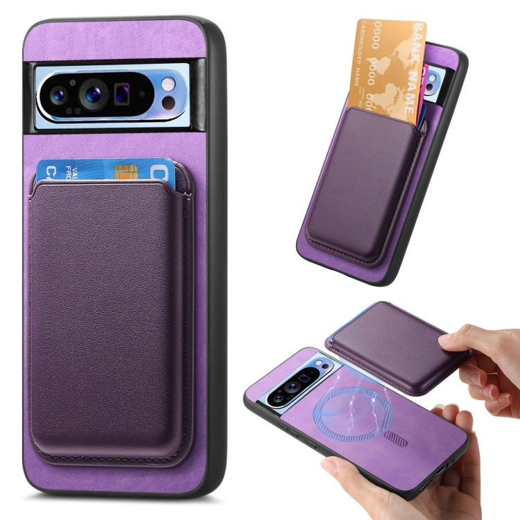 For Google Pixel 9 Pro Retro Magsafe Card Bag PU Back Cover Phone Case(Purple) by buy2fix