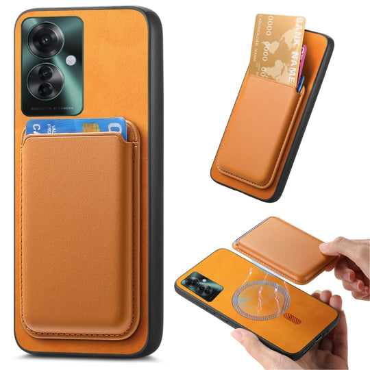 For OPPO Reno11 F Retro Magsafe Card Bag PU Back Cover Phone Case(Yellow)