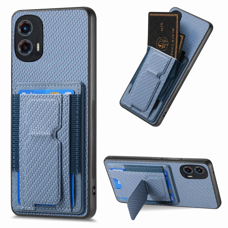For Motorola Moto G 5G 2024 4G Carbon Fiber Fold Stand Elastic Card Bag Phone Case(Blue) by buy2fix