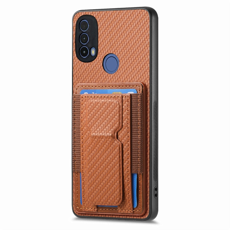 For Motorola Moto G 5G 2024 4G Carbon Fiber Fold Stand Elastic Card Bag Phone Case(Brown) by buy2fix