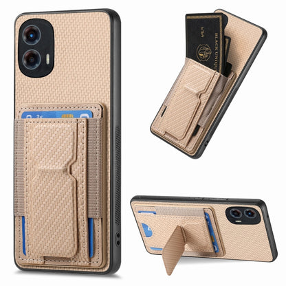 For Motorola Moto G 5G 2024 4G Carbon Fiber Fold Stand Elastic Card Bag Phone Case(Khaki) by buy2fix