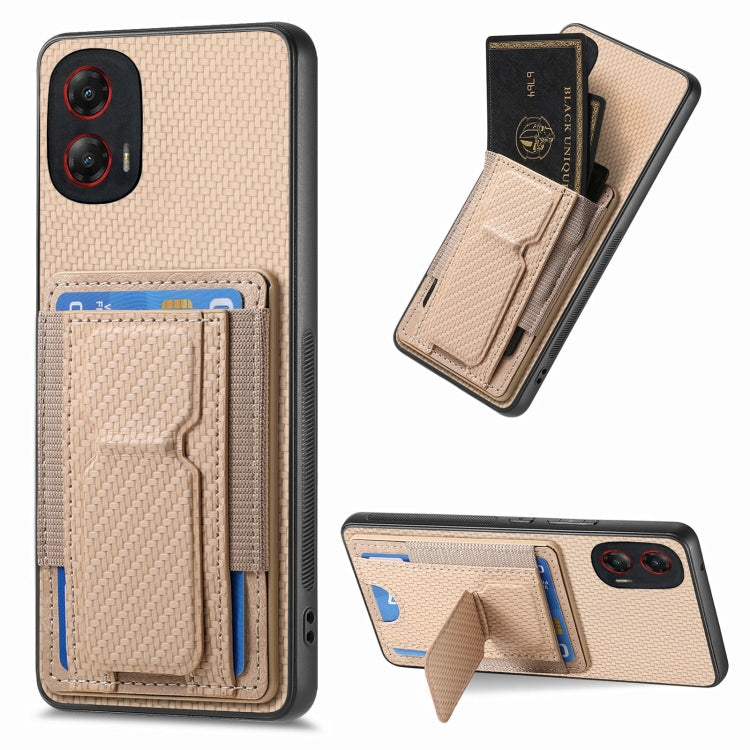 For Motorola Moto G Stylus 5G 2024 Carbon Fiber Fold Stand Elastic Card Bag Phone Case(Khaki) by buy2fix