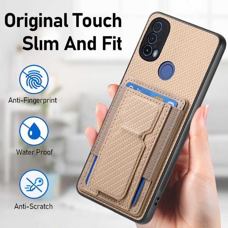 For Motorola Moto G Stylus 5G 2024 Carbon Fiber Fold Stand Elastic Card Bag Phone Case(Khaki) by buy2fix