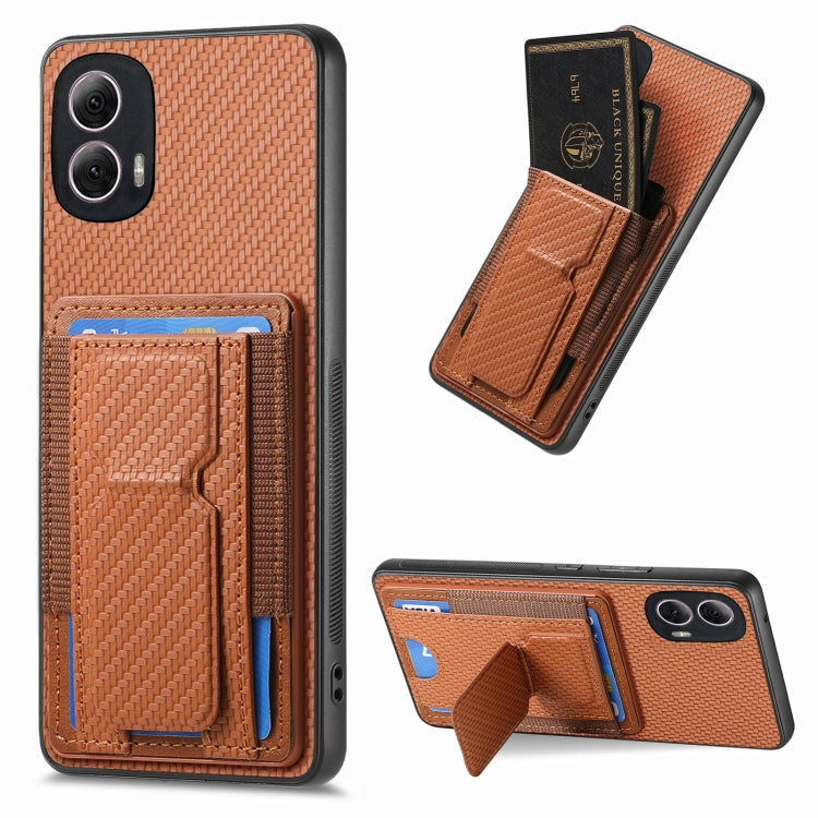 For Motorola Moto G Power 5G 2024 Carbon Fiber Fold Stand Elastic Card Bag Phone Case(Brown) by buy2fix