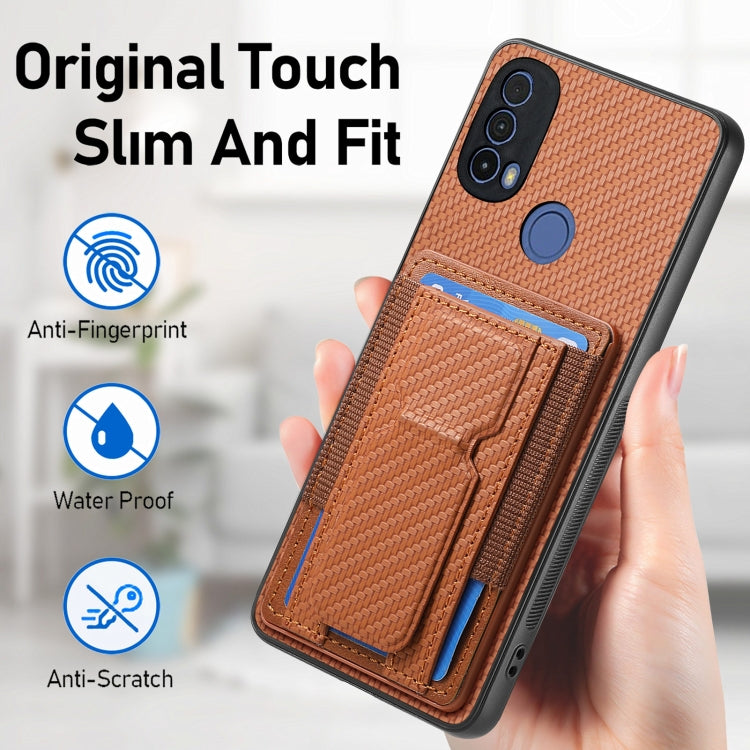 For Motorola Moto G Power 5G 2024 Carbon Fiber Fold Stand Elastic Card Bag Phone Case(Brown) by buy2fix