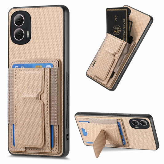For Motorola Moto G Power 5G 2024 Carbon Fiber Fold Stand Elastic Card Bag Phone Case(Khaki) by buy2fix