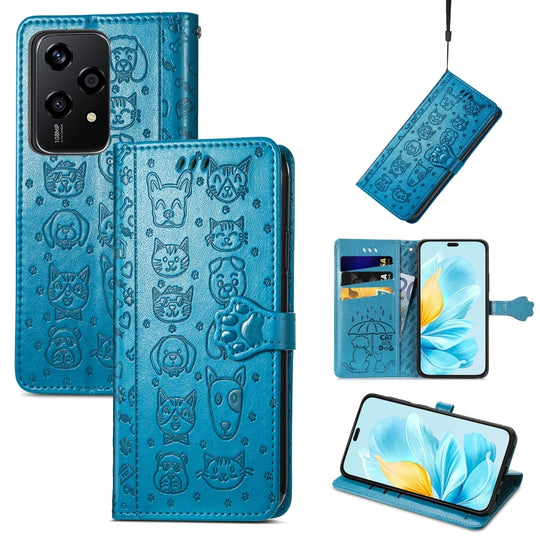 For Honor 200 Lite Global Cat and Dog Embossed Leather Phone Case(Blue)