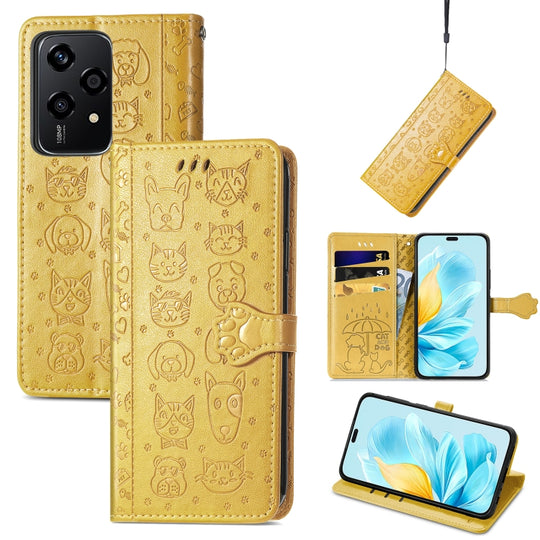 For Honor 200 Lite Global Cat and Dog Embossed Leather Phone Case(Yellow)