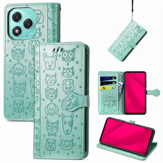 For Honor 400 Lite Global Cat and Dog Embossed Leather Phone Case(Green)