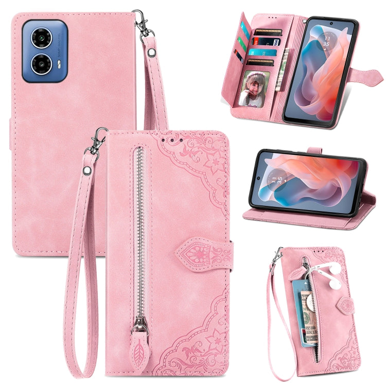 For Motorola Moto G Play 2024 Embossed Flower Zipper Leather Phone Case(Pink) by buy2fix