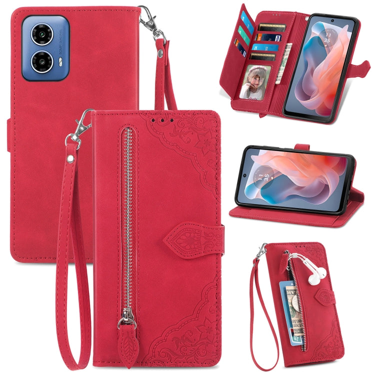 For Motorola Moto G Play 2024 Embossed Flower Zipper Leather Phone Case(Red) by buy2fix