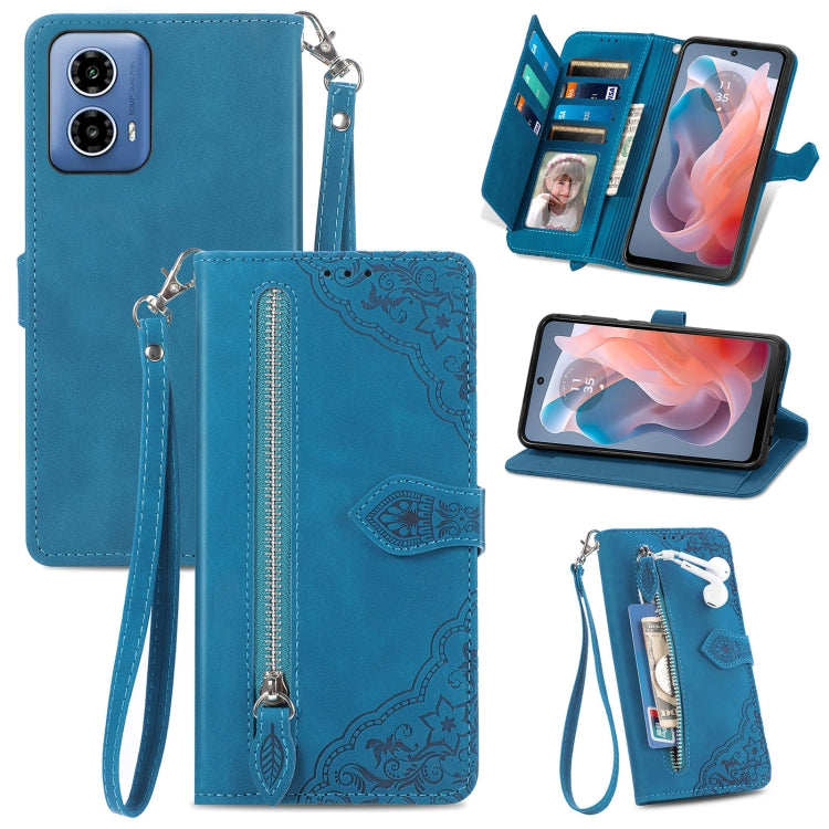 For Motorola Moto G Play 2024 Embossed Flower Zipper Leather Phone Case(Blue) by buy2fix