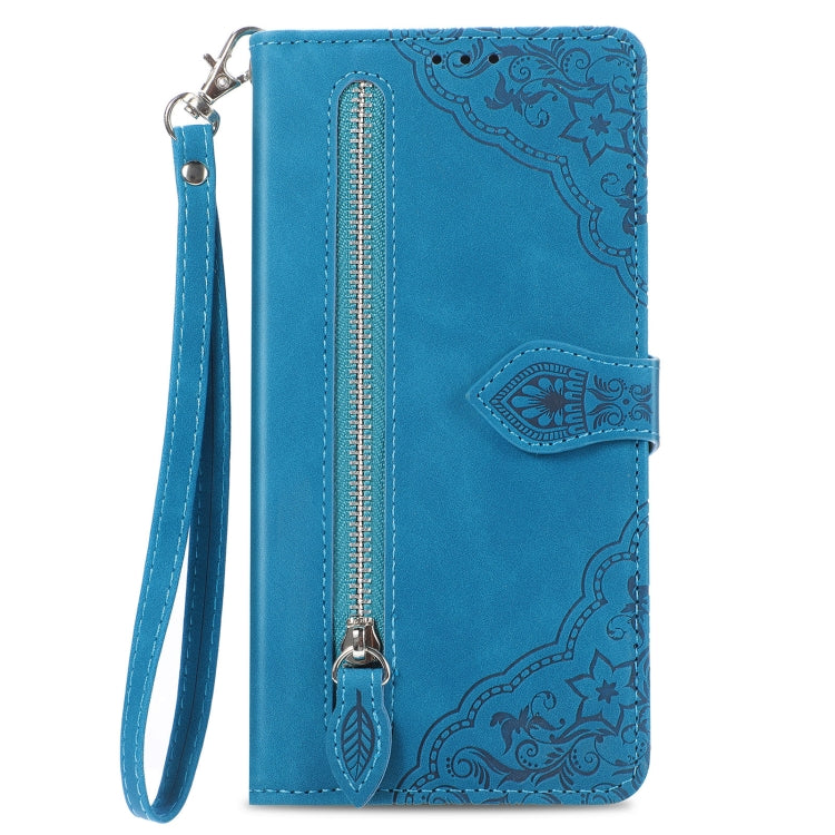 For Motorola Moto G Play 2024 Embossed Flower Zipper Leather Phone Case(Blue) by buy2fix