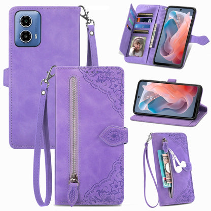 For Motorola Moto G Play 2024 Embossed Flower Zipper Leather Phone Case(Purple) by buy2fix