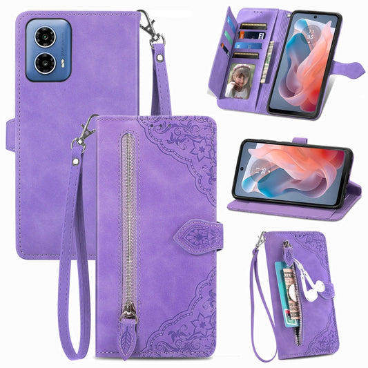 For Motorola Moto G Play 2024 Embossed Flower Zipper Leather Phone Case(Purple) by buy2fix