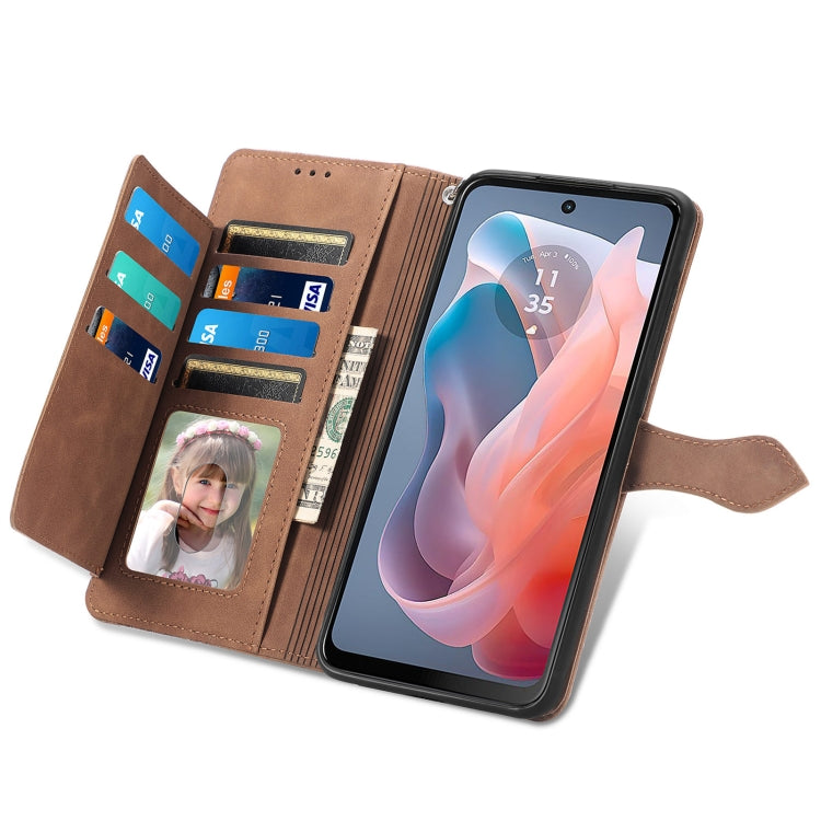 For Motorola Moto G Play 2024 Embossed Flower Zipper Leather Phone Case(Brown) by buy2fix