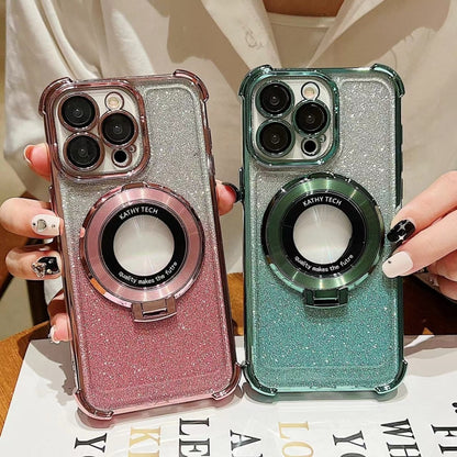 For iPhone 12 Pro Max Invisible Holder Gradient Glitter Magsafe Phone Case(Pine Green) by buy2fix