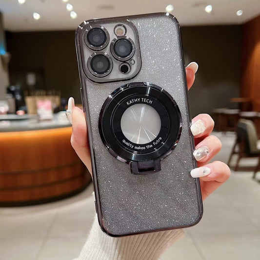 For iPhone 15 Pro Electroplated Holder Gradient Glitter MagSafe Phone Case(Black) - iPhone 15 Pro Cases by buy2fix | Online Shopping UK | buy2fix