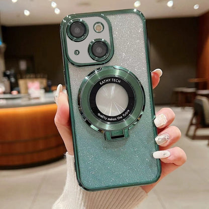 For iPhone 15 Plus Electroplated Holder Gradient Glitter MagSafe Phone Case(Green) - iPhone 15 Plus Cases by buy2fix | Online Shopping UK | buy2fix