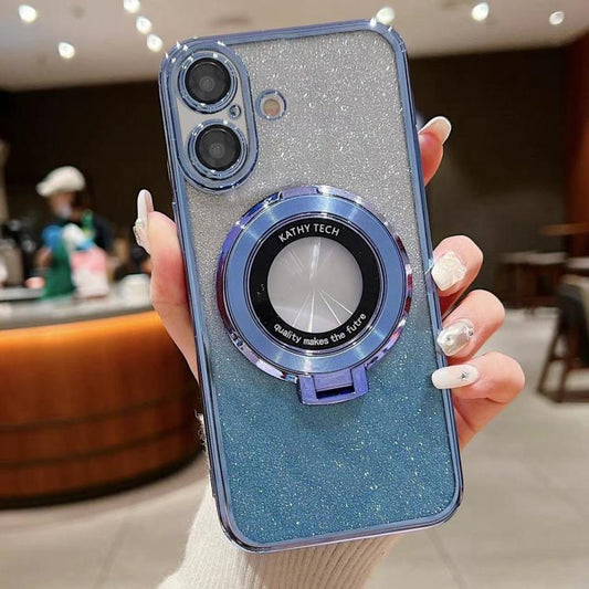 For iPhone 16 Plus Electroplated Holder Gradient Glitter MagSafe Phone Case(Blue) by buy2fix