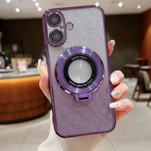 For iPhone 16 Plus Electroplated Holder Gradient Glitter MagSafe Phone Case(Purple) by buy2fix