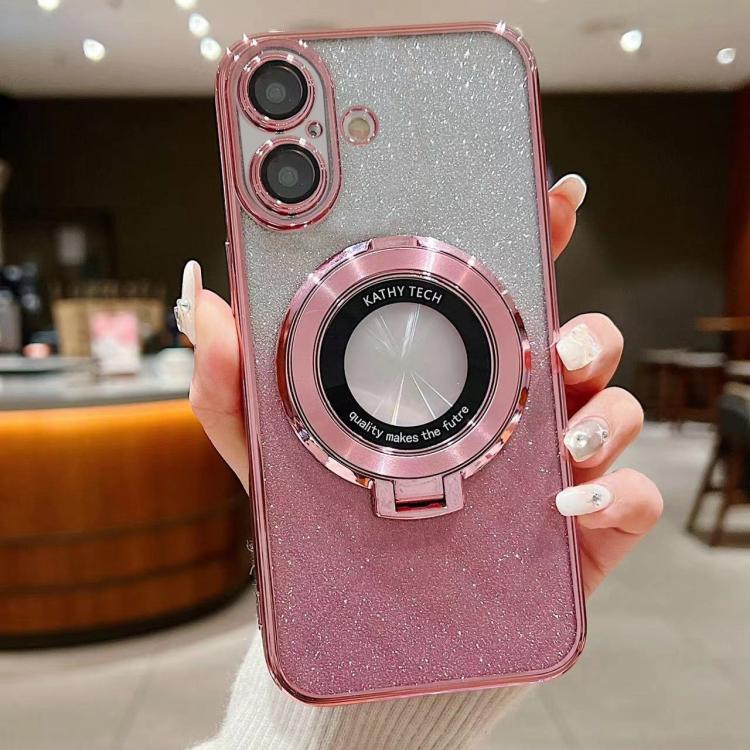 For iPhone 16 Plus Electroplated Holder Gradient Glitter MagSafe Phone Case(Pink) by buy2fix