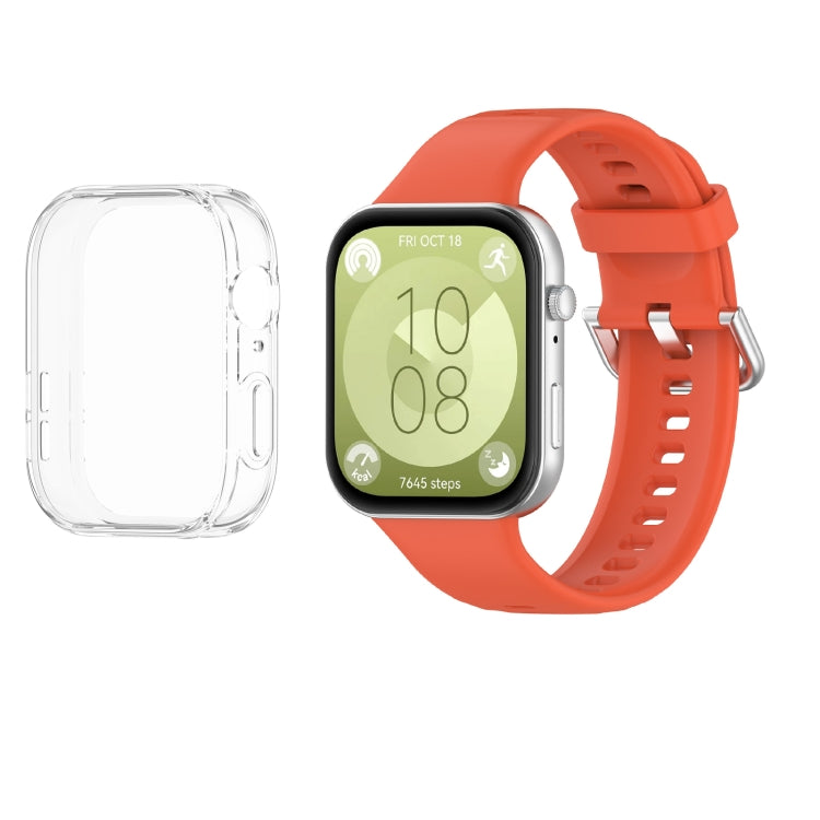 For Huawei Watch Fit3 Silicone Soft Watch Band + Clear Watch Protective Case Set(Orange) by buy2fix