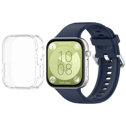 For Huawei Watch Fit3 Silicone Soft Watch Band + Clear Watch Protective Case Set(Midnight Blue) by buy2fix