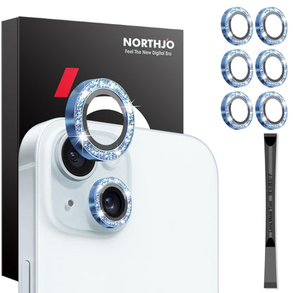 For iPhone 15 / 15 Plus / 14 / 14 Plus NORTHJO 3 Set 6pcs Camera Lens Protector Glitter Metal Ring Film(Blue) - iPhone 15 Tempered Glass by NORTHJO | Online Shopping UK | buy2fix
