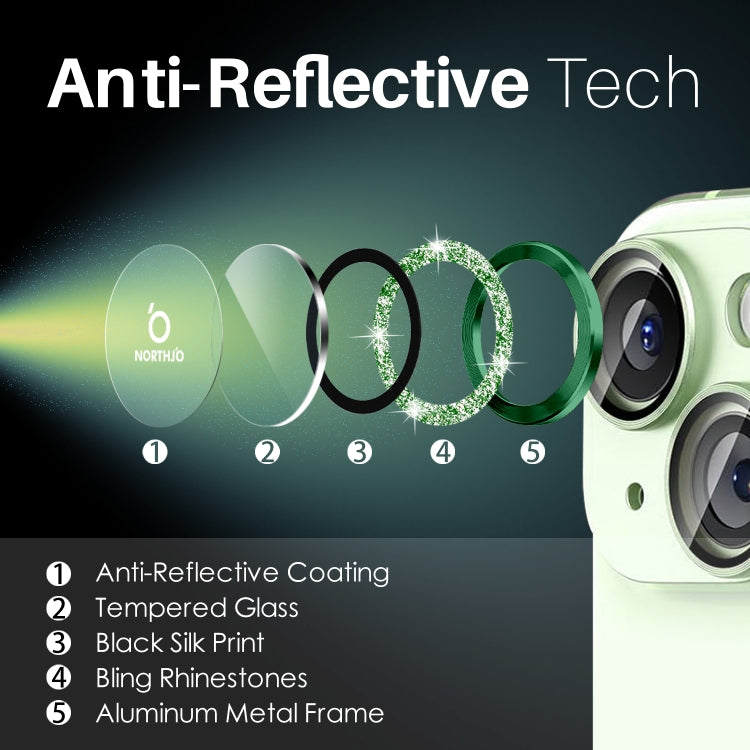 For iPhone 15 / 15 Plus / 14 / 14 Plus NORTHJO 3 Set 6pcs Camera Lens Protector Glitter Metal Ring Film(Green) - iPhone 15 Tempered Glass by NORTHJO | Online Shopping UK | buy2fix