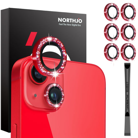 For iPhone 15 / 15 Plus / 14 / 14 Plus NORTHJO 3 Set 6pcs Camera Lens Protector Glitter Metal Ring Film(Red) - iPhone 15 Tempered Glass by NORTHJO | Online Shopping UK | buy2fix