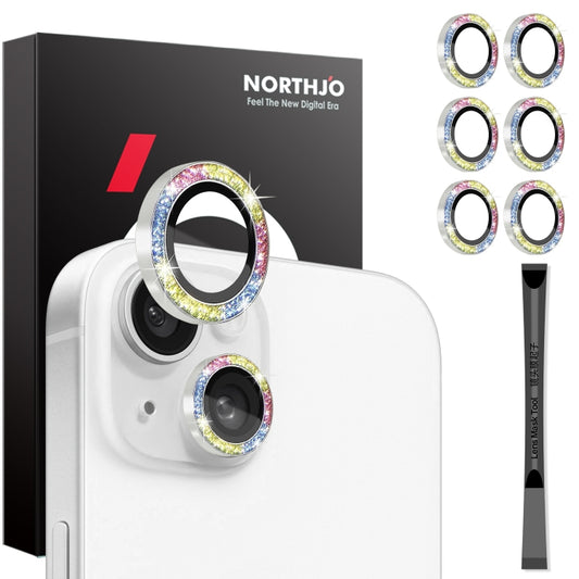 For iPhone 15 / 15 Plus / 14 / 14 Plus NORTHJO 3 Set 6pcs Camera Lens Protector Glitter Metal Ring Film(Colorful) - iPhone 15 Tempered Glass by NORTHJO | Online Shopping UK | buy2fix