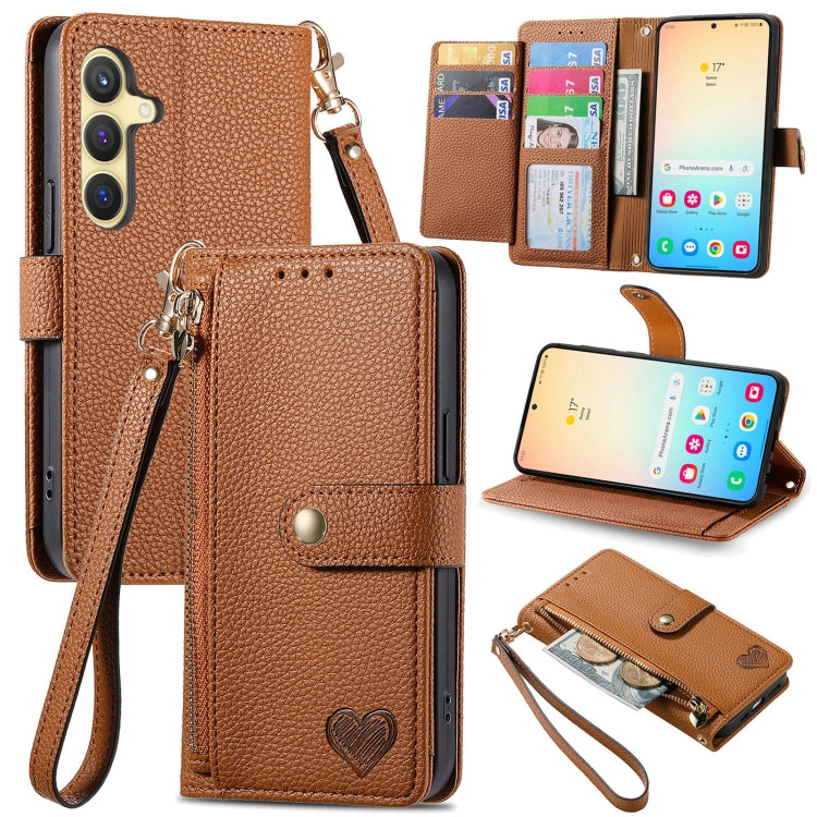 For Samsung Galaxy S25 5G Love Zipper Lanyard Leather Phone Case(Brown) by buy2fix