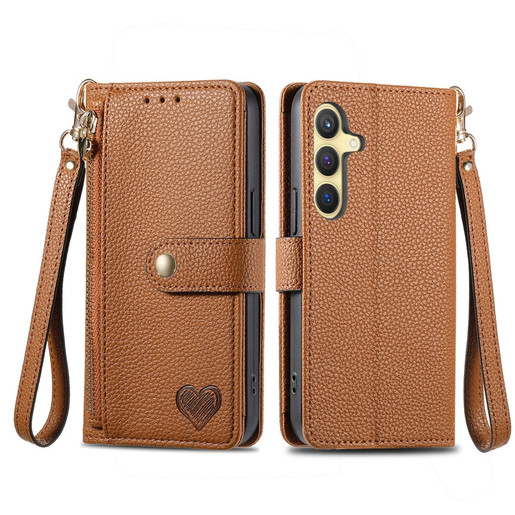 For Samsung Galaxy S25 5G Love Zipper Lanyard Leather Phone Case(Brown) by buy2fix