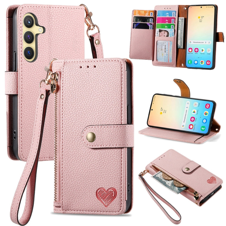 For Samsung Galaxy S25 5G Love Zipper Lanyard Leather Phone Case(Pink) by buy2fix
