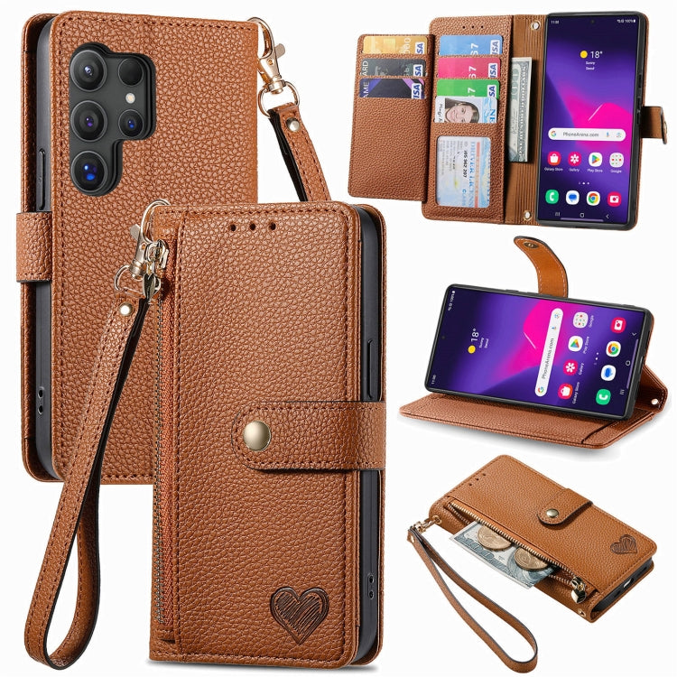 For Samsung Galaxy S25 Ultra 5G Love Zipper Lanyard Leather Phone Case(Brown) by buy2fix